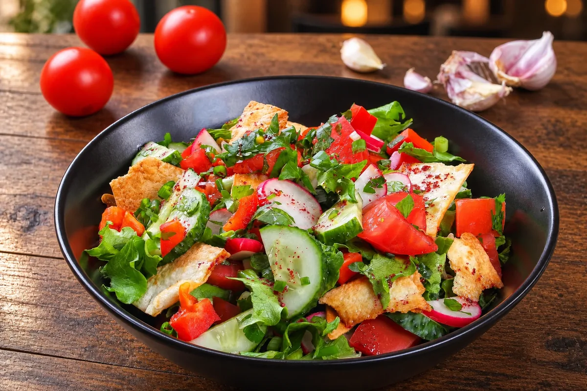 Fattoush salad with toasted pita, tomatoes, cucumber and radish