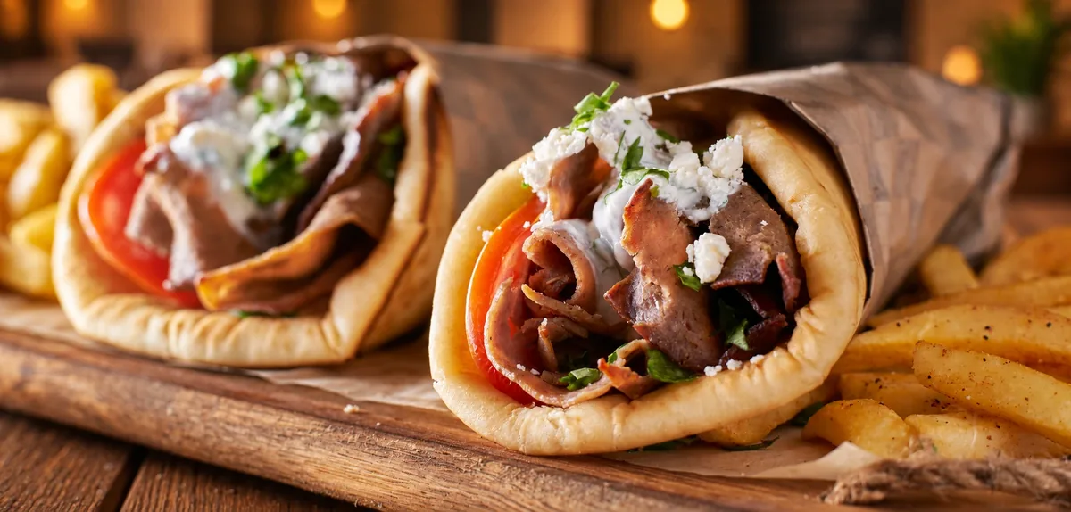Gyro wraps with tzatziki and fries
